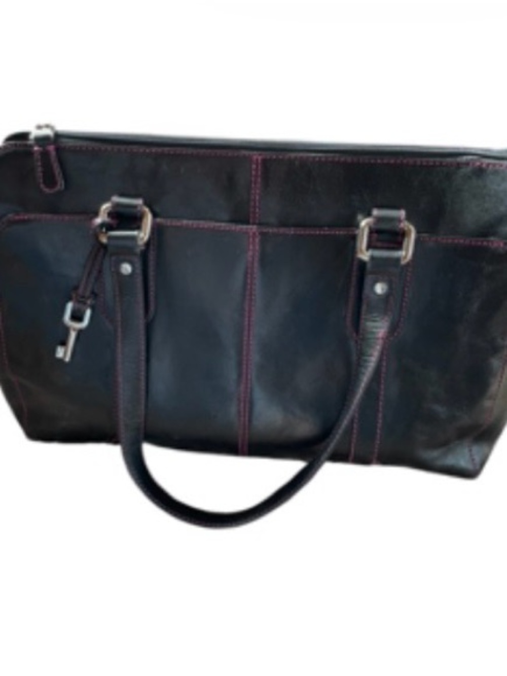 Y2K Fossil large purse satchel work bag black leather with pink stitching Vgt